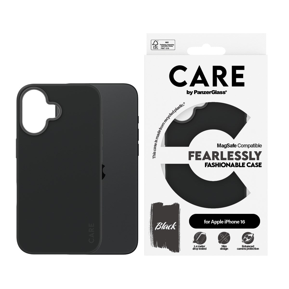 CARE by PanzerGlass® Fashionable Case Black w. MagSafe iPhone 16